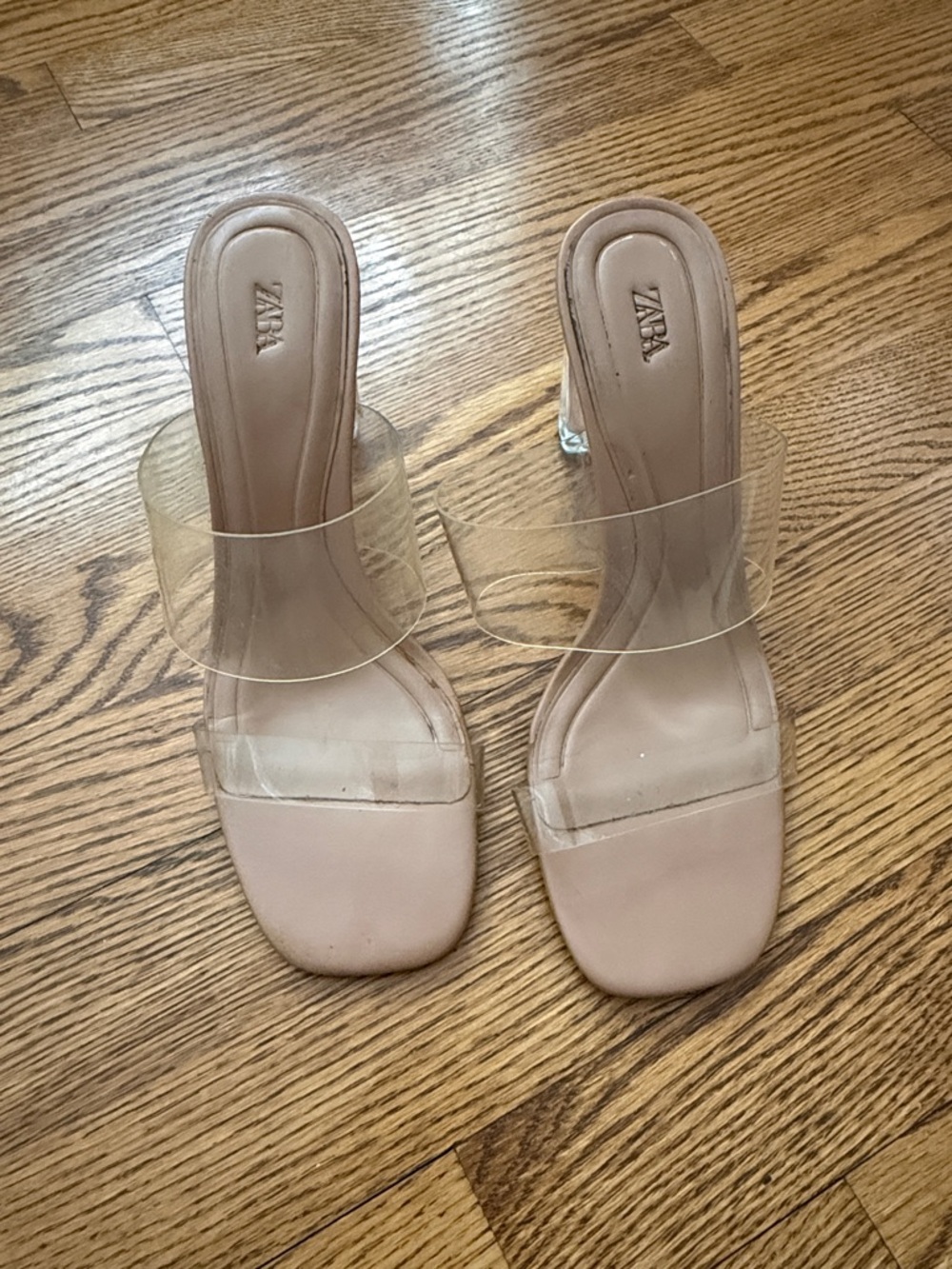 Zara Blush Clear-Strap Square Toe Heels